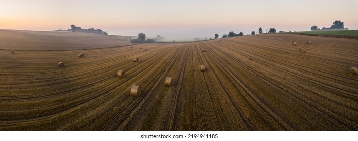 Panorama Of Golden Farm Field With Bales Of Hay. Foggy Morning Landscape With Orange Sky And Trees On Horizon. Harvest Season. Wide Horizontal Shot. High Quality Photo