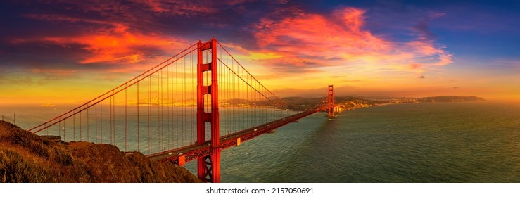 Panorama Of  Golden Gate Bridge In San Francisco At Sunset, California, USA