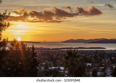 Panorama Golden Glow Sunset of San Francisco Bay looking over East Bay