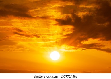 Panorama Of Golden Hour Orange Sky With Clouds And The Yellow Sun Shining Nature Background Sunrise Or Sunset Scene