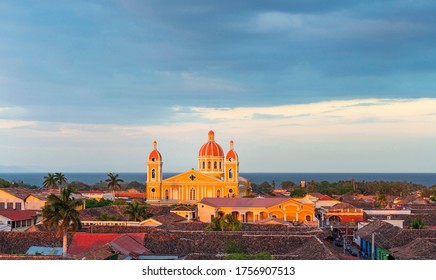 Panorama of Granada at sunset with the Nicaragua lake in the background, Nicaragua.