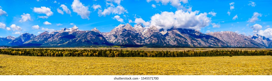 Panorama of the Grand Tetons Range In Grand Tetons National Park near Jackson Hole, Wyoming, United States
