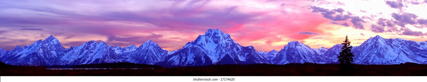 Panorama Of The Grand Tetons At Sunset.