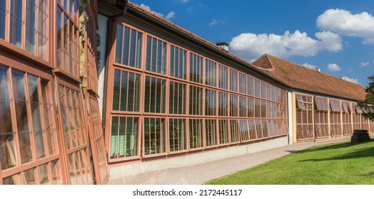 Panorama of the greenhouse in the garden of castle Belvedere in Weimar, Germany