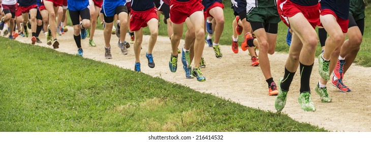 Panorama of a group of runners in colorful shoes running a 5k
