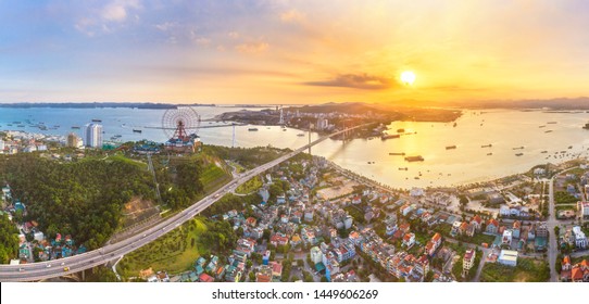 Panorama Of Ha Long City, Vietnam, With Sun World Halong Park And Bai Chay Bridge. Near Halong Bay, UNESCO World Heritage Site. Popular Landmark, Famous Destination Of Vietnam. Aerial View