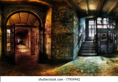 panorama of a hallway in an abandoned complex, hdr processing - Powered by Shutterstock