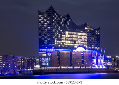 Panorama Hamburg Harbour with lightshow