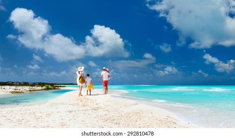 Panorama Of  A Happy Family With Kids On Tropical Beach Vacation