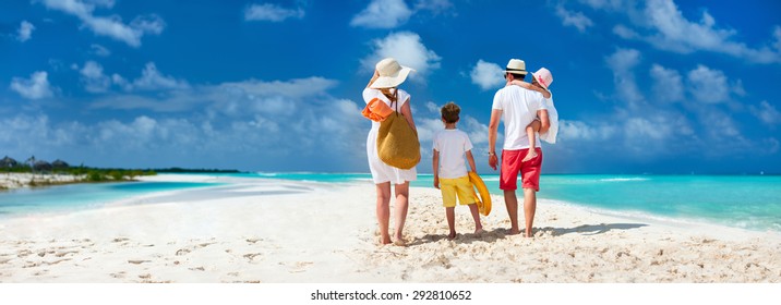 Panorama Of  A Happy Family With Kids On Tropical Beach Vacation