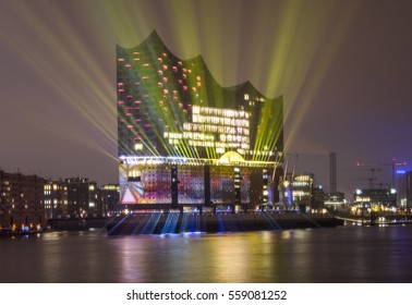 Panorama Harbour Hamburg with lightshow