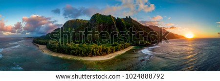Panorama of Hawaii's Na Pali coast from plane