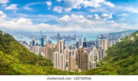 Panorama Of Hong Kong Business District In A Summer Day