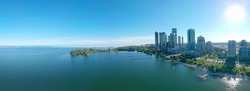 Panorama Of Humber Bay Shores Park City View, Green Space With Skyline Cityscape Downtown. Skyscrapers Over The Queensway On Sunset At Summer Time, Near Etobicoke Or New Toronto, Ontario, Canada
