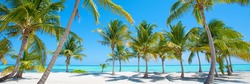 Panorama Des Idyllischen Tropischen Strandes Mit Palmen, Weißem Sand Und Türkisblauem Wasser