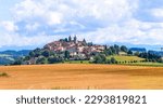 Panorama image of old Swiss town Romont, built on a rock prominence, in Canton Freibourg, Switzerland
