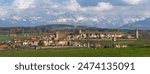 Panorama image of old Swiss town Romont, built on a rock prominence, in Canton Freibourg, Switzerland