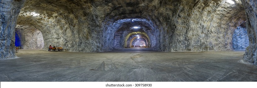 Panorama inside Salt mine from Targu Ocna town, at a 240 m depth, due to its salt mine microclimate, it is an important natural treatment facility used in respiratory disease therapy.