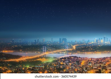 Panorama Of Istanbul And Bosphorus Bridge At Night, Istanbul, Turkey