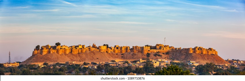 Panorama of Jaisalmer Fort - one of the largest forts in the world, known as the Golden Fort Sonar quila on sunrise. Jaisalmer, Rajasthan, India