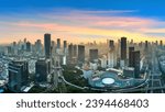 Panorama of Jakarta city at sunrise, Indonesia.