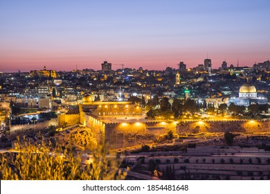 Panorama of Jerusalem from the Mount of Olives at night, Israel