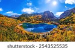 Panorama of Jiuzhaigou in autumn, Sichuan in China.