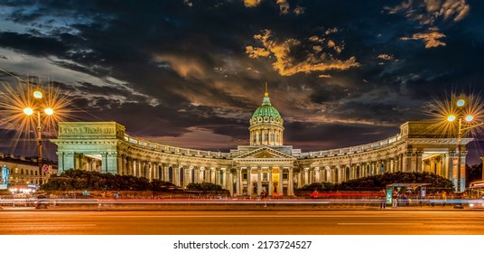 Panorama of the Kazan Cathedral in St. Petersburg in the evening. Beautiful Saint Petersburg in Russia. Russian Kazan Cathedral in Saint Petersburg. Travel in Russia