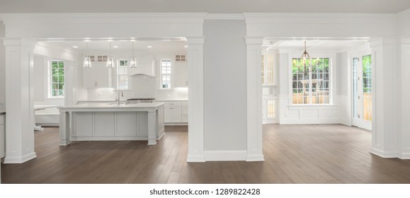 Panorama Of Kitchen And Dining Room Interior In New Luxury Home