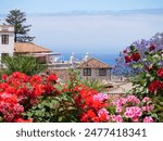 Panorama of La Orotava, Tenerive. Tiled roofs of houses against the backdrop of the sea. Scenic view through red geranium flowers