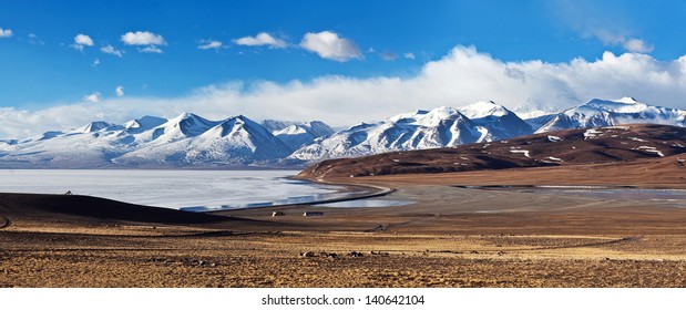 Panorama of Lake Manasarovar and Gurla Mandhata Peak, Western Tibet. According to the Hindu religion, the lake was first created in the mind of the Lord Brahma after which it manifested on Earth