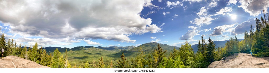 Panorama Of Landscape Of Adirondacks Mountains In Upstate New York Near Lake Placid.  Beautiful Sunny Summer Day Over The Forest.
