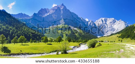 panorama landscape Ahornboden with alps mountains Karwendel in Bavaria, Germany