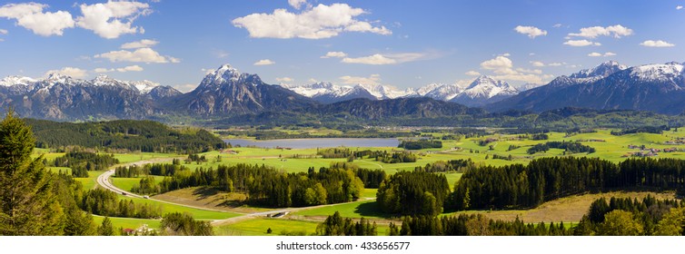 Panorama Landscape With Alps Mountains In Bavaria, Germany