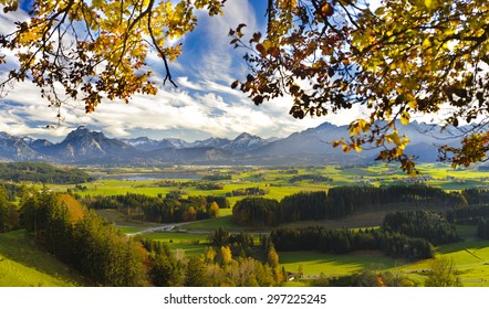 Panorama Landscape In Bavaria With Alps Mountains, Meadows And Beech Tree At Autumn