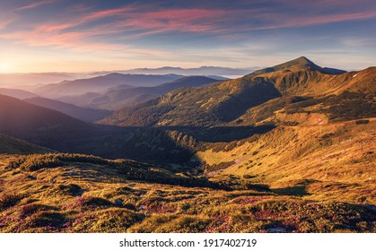 Panorama landscape of Carpathian mountains during sunset. Scenic image of fantastic atmosferic scenery with picturesque sky, mountain range under vivid sunlit. Amazing nature scenery. creative image - Shutterstock ID 1917402719
