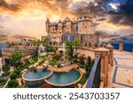 Panorama landscape with fantastic beautiful medieval castle in Ba Na Hills in Da Nang in Vietnam at sunset