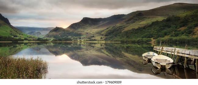 Panorama Landscape Snowdonia National Park Wales United Kingdom With Dramatic Sky