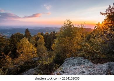 Panorama Landscape and Sunset with View to the Mountains of the German Alps with Sea of Fog on Geisslinger Stein near Ruselabsatz near Koenigsstein in Bavarian Forest, Germany
