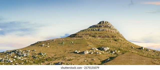 Panorama and landscape view of mountain in Cape Town, South Africa during summer holiday and vacation. Travelling and exploring mother nature through hiking adventures in summer - Shutterstock ID 2175131079