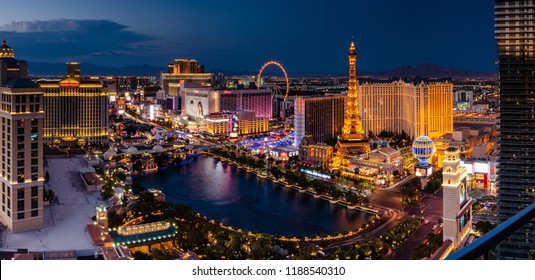 Panorama Of The Las Vegas Skyline At Night In Las Vegas, Nevada, USA On 12th August 2018