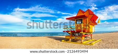 Panorama of  Lifeguard tower in South beach, Miami Beach in a sunny day, Florida