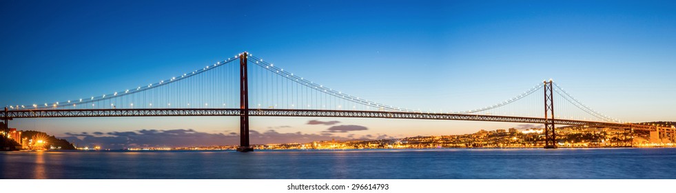 Panorama of Lisbon cityscape with 25 de Abril suspension Bridge, Portugal at dusk - Powered by Shutterstock