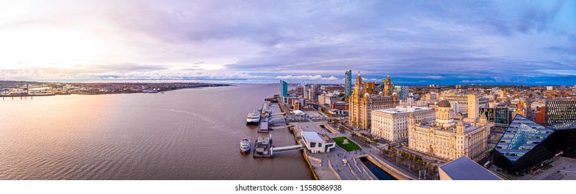 Panorama of Liverpool waterfront in the evening, Liverpool