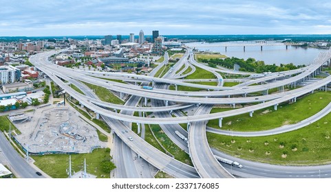 Panorama Louisville city criss crossing roads, Ohio River, skatepark, baseball diamond aerial
