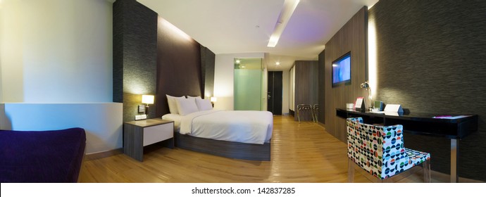 panorama of luxury modern hotel room, Bangkok, Thailand.