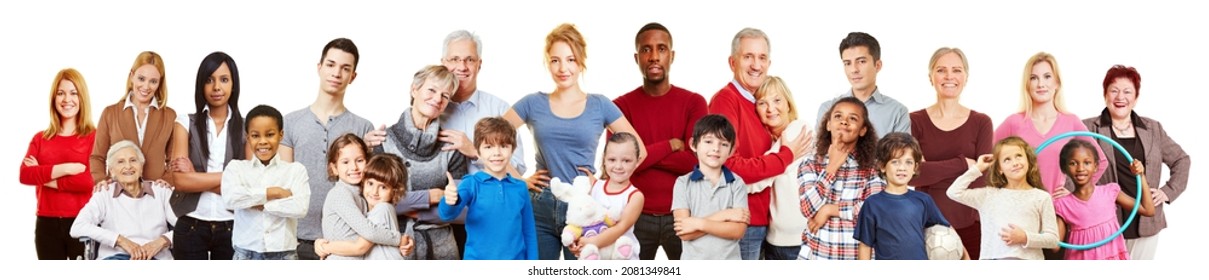 Panorama made up of children and adults of different ages as a family and generations concept