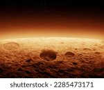 Panorama of Mars. Surface of the red planet, as seen from orbit. Landscape of rocky planet with craters and atmosphere.