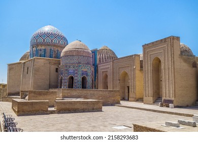Panorama of mausoleums of Shah-i Zinda complex, Samarkand, Uzbekistan. Most atypical mausoleum, called Octahedron in foreground