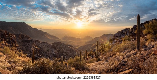 Panorama of The McDowell Sonoran Preserve overlooking Scottsdale, AZ during beautiful sunset